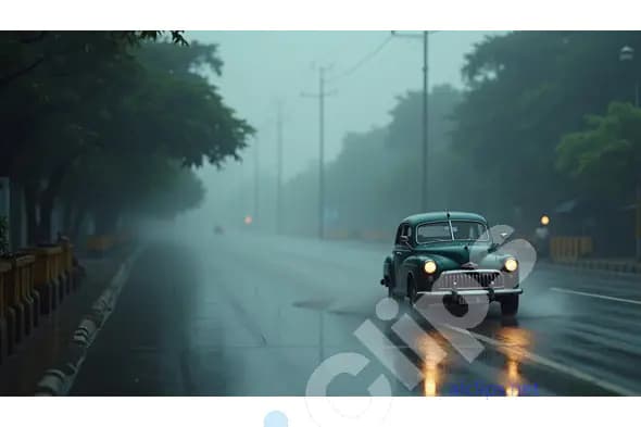 Vintage Car Driving on Rainy Street at Dawn