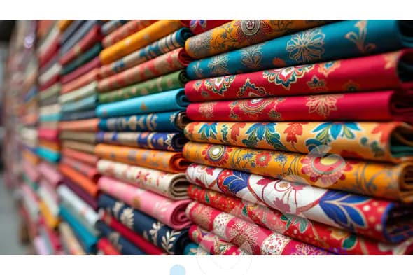 Stacked Rolls of Colorful Floral Fabrics