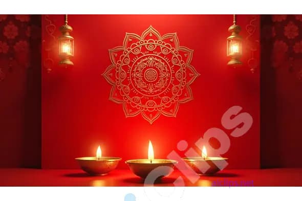 Elegant Red Diwali Rangoli with Diyas and Lanterns