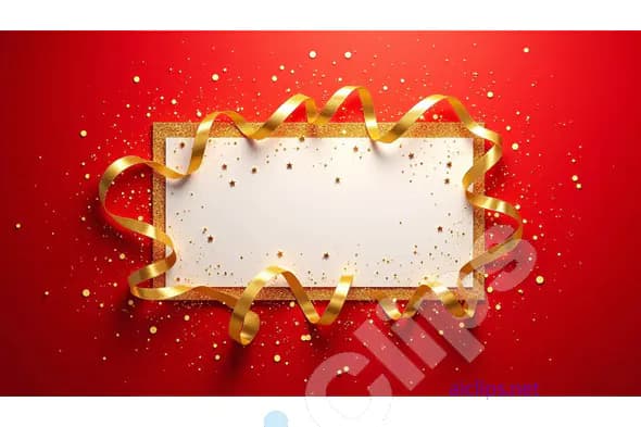 Festive Christmas Greeting Card Template with Golden Ribbon and Red Background