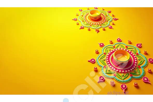 Diwali Rangoli Design with Diyas on Vibrant Yellow Background
