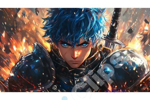 Intense Blue-Haired Anime Warrior