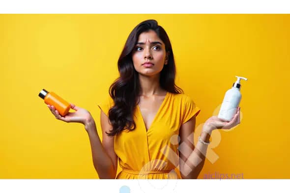 Confused Woman Holding Two Bottles on Yellow Background
