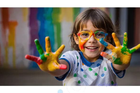 Vibrant Child with Painted Hands - Playful Creativity