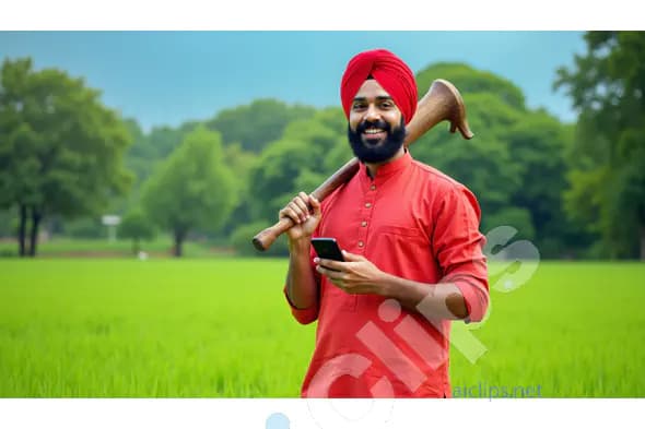 Smiling Indian Farmer with a Smartphone in Green Field
