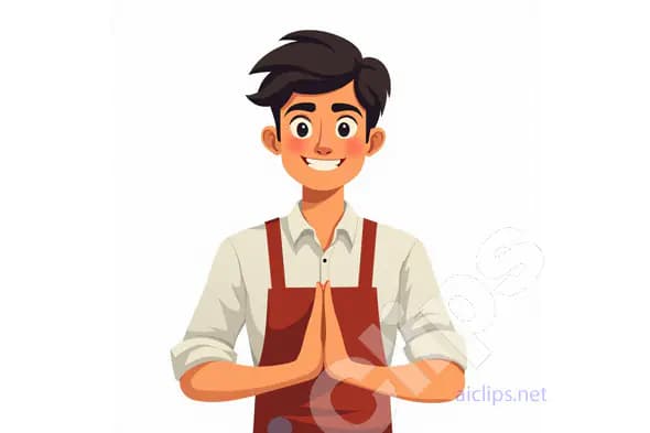Smiling Young Man in Apron with Namaste Gesture Vector Illustration