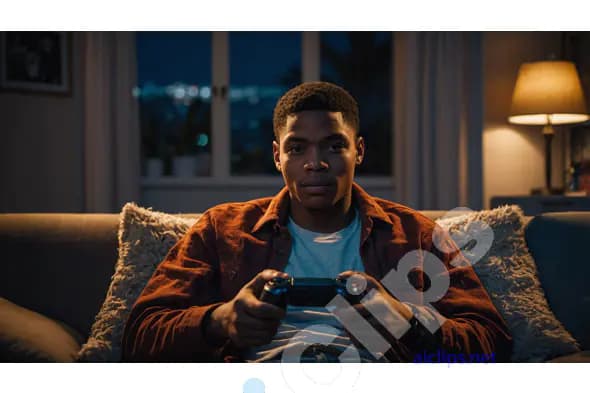 Young Man Gaming at Home - Nighttime Scene