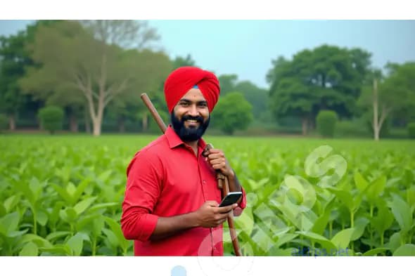 Indian Farmer Using Smartphone in a Lush Green Field