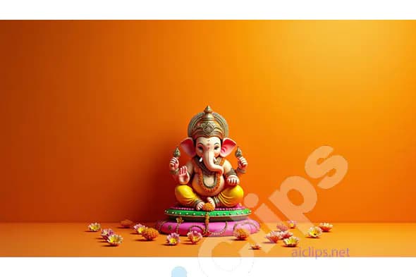 Elegant 3D Lord Ganesha Idol with Flowers on Orange Background