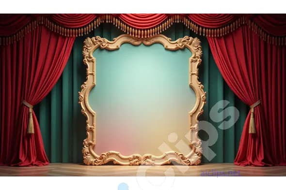 Elegant Theater Stage with Ornate Frame and Red Curtain