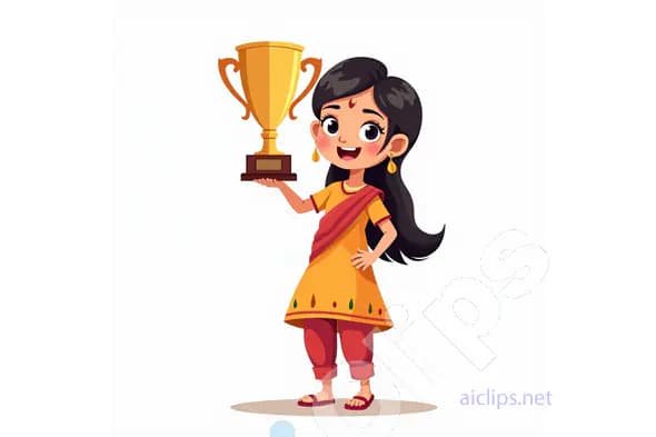 Happy Indian Girl Holding a Trophy Vector Illustration