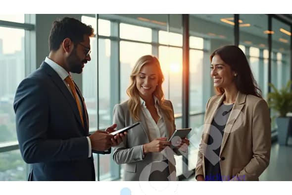 Professionals Networking in a Modern Office at Sunrise