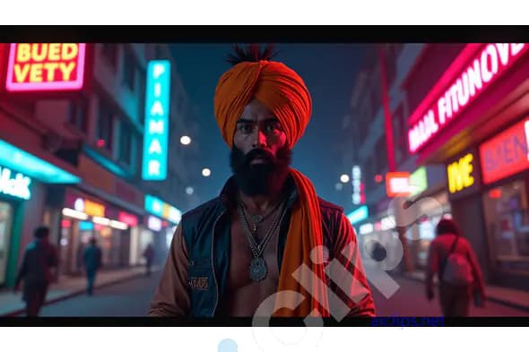 Sikh Man in Neon-Lit Urban Street at Night