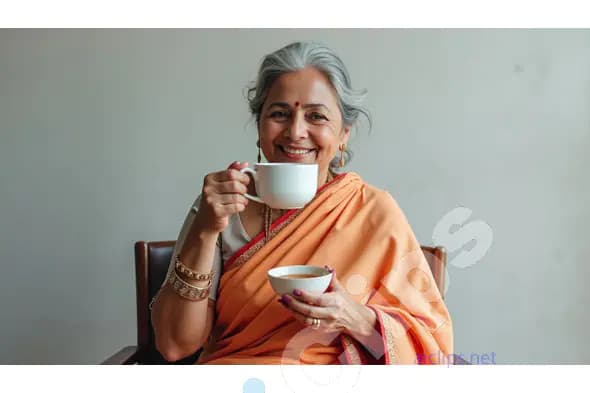 Smiling Elderly Indian Woman in Traditional Saree Enjoying Tea