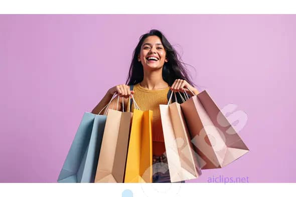 Smiling Woman with Shopping Bags on Pastel Background
