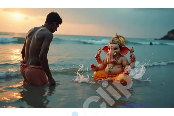 Devotee and Lord Ganesha During Visarjan at Sunset