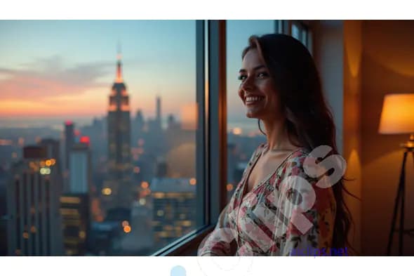 Smiling Woman Enjoying Cityscape View at Sunset