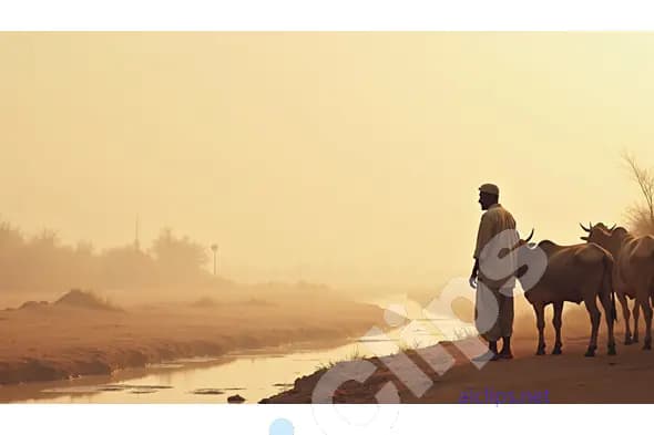 Farmer with Cows by a Tranquil Desert Stream