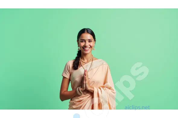 Traditional Indian Woman in Beige Sari - Namaste Gesture