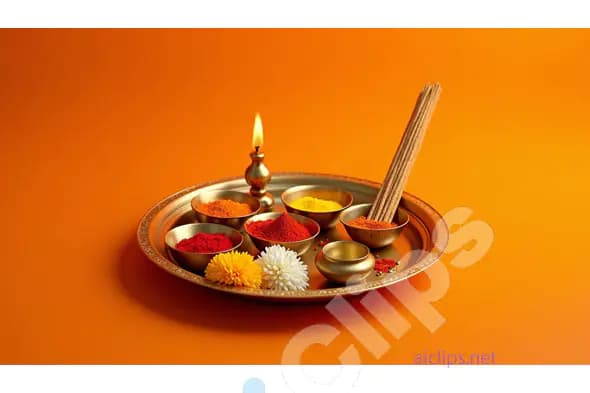 Traditional Indian Puja Thali with Incense Sticks and Powders - Bright Orange Background