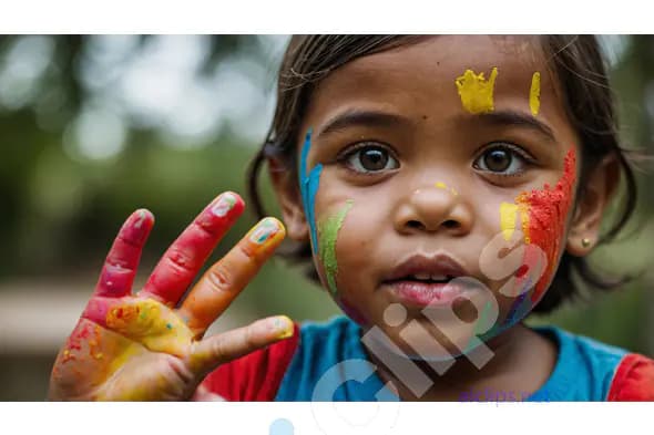 Close-Up of Child with Painted Face and Hand - Vibrant Expression
