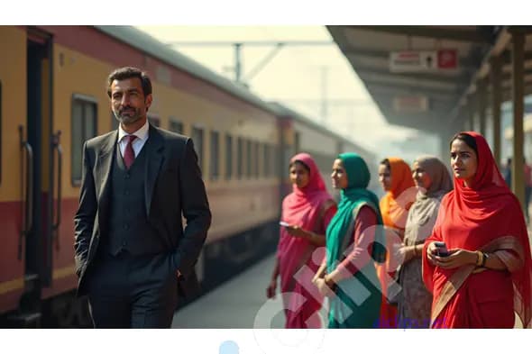 Businessman at Indian Railway Station with Women in Traditional Attire