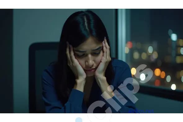 Overworked Woman in Office at Night