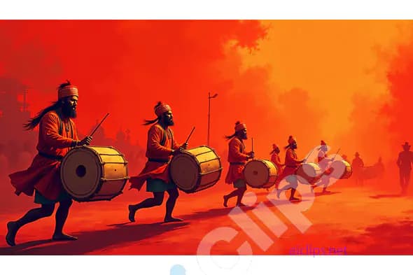 Traditional Drummers Leading a Procession at Sunrise