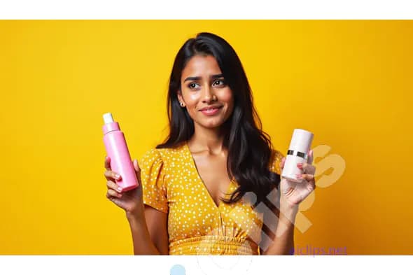 Woman Comparing Two Beauty Products on Yellow Background