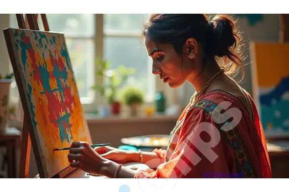 Indian Woman Artist Focused on Vibrant Abstract Painting