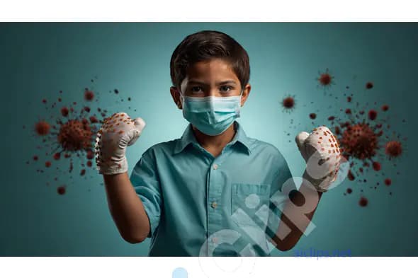 Child Fighting Against Viruses with Protective Mask