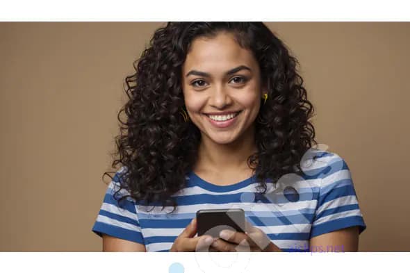 Smiling Woman with Curly Hair Using Smartphone in Striped Shirt