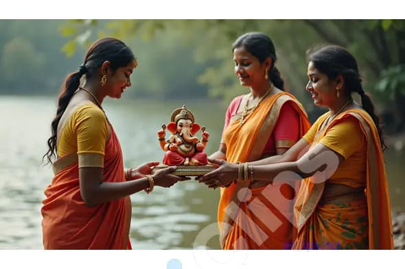 Women Performing Ganesh Visarjan - Traditional Hindu Ritual at Riverbank