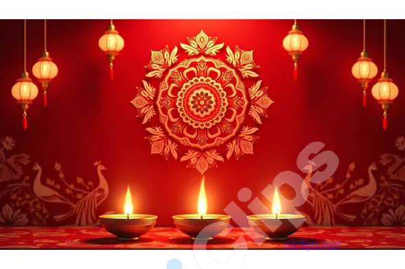 Red Diwali Rangoli with Lanterns and Diyas