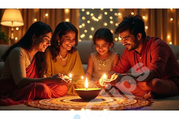 Family Diwali Celebration with Diyas and Rangoli