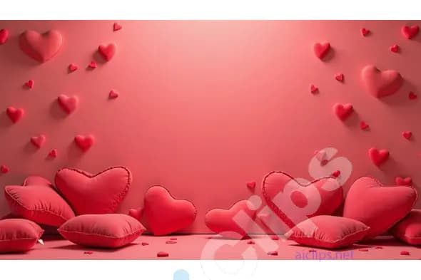 Heart Cushions and Floating Hearts on Soft Pink Background