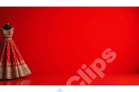 Traditional Indian Lehenga on Mannequin Against Bold Red Background