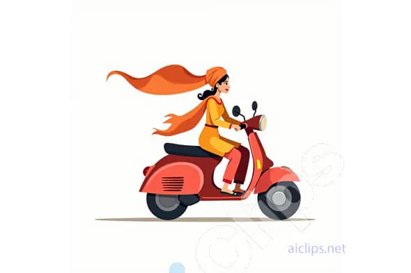 Indian Woman Riding Scooter Vector Illustration