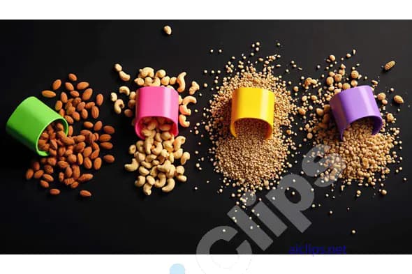 Colorful Cups Spilling Nuts and Seeds on Dark Background