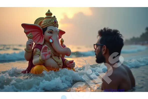 Ganesh Visarjan at Sunset: A Devotee's Final Prayer
