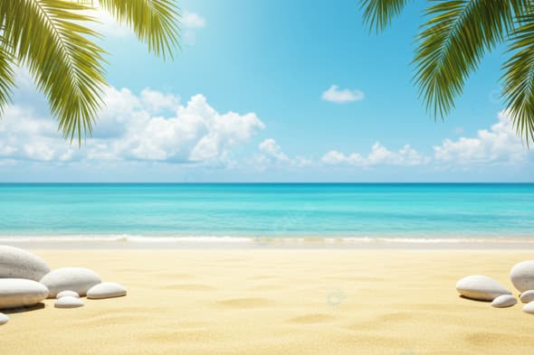 Tropical Beach with Palm Leaves and Smooth Stones