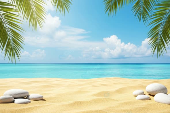 Tropical Beach with Palm Leaves and White Pebbles