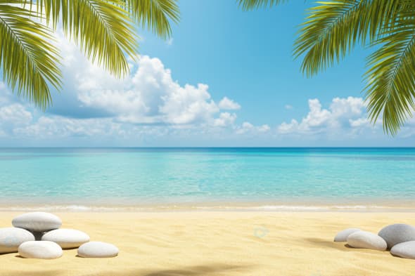 Tropical Beach Paradise with Ocean View and Palm Fronds