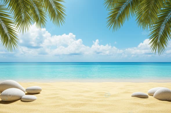 Tropical Beach with Palm Leaves and Smooth Pebbles