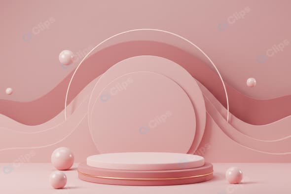 Pink Abstract Geometric Platform with Floating Spheres