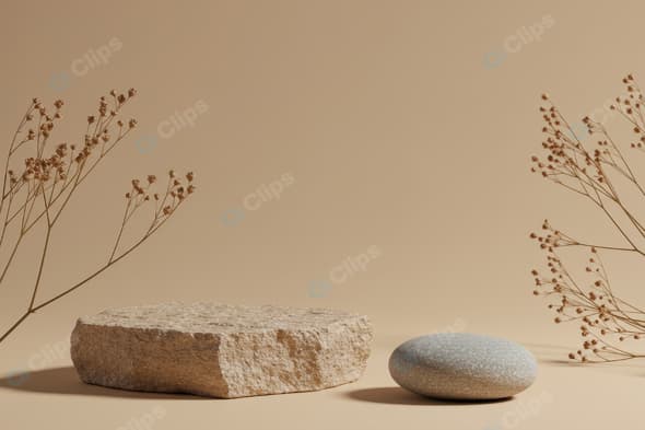 Natural Stone and Dried Floral Arrangement on Neutral Background