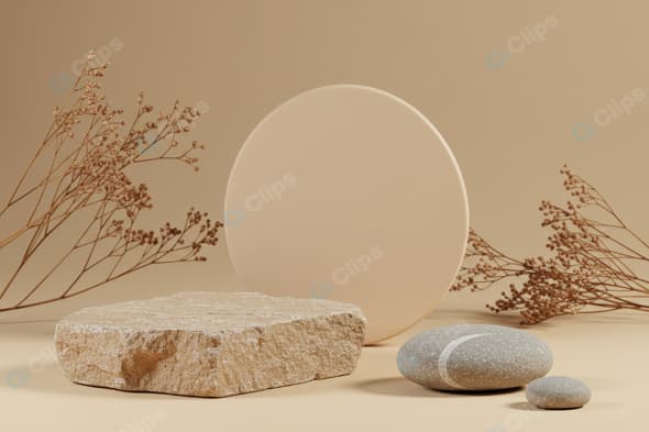 Minimalistic Stone and Plant Display on Beige Background