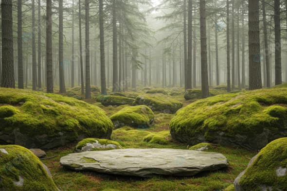 Misty Woodland with Mossy Boulders