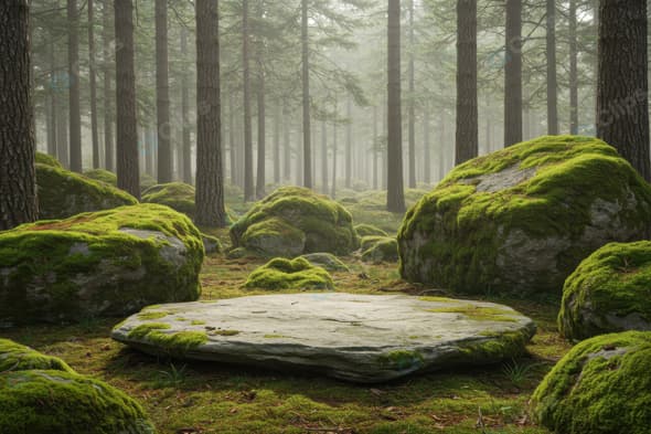 Moss-Covered Boulders in Misty Pine Forest