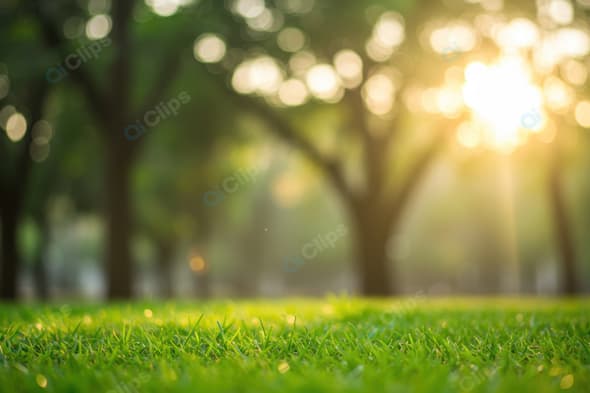Sunlit Green Lawn with Trees in Background